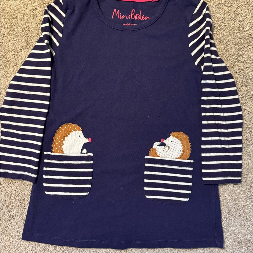 Mini Boden Size 6-7 Navy and White Striped Tunic ft Hedgehogs